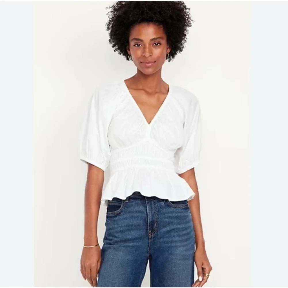 Old Navy Womens Smocked White Peplum Puff Sleeve V-Neck Blouse 3X Cotton Top NWT